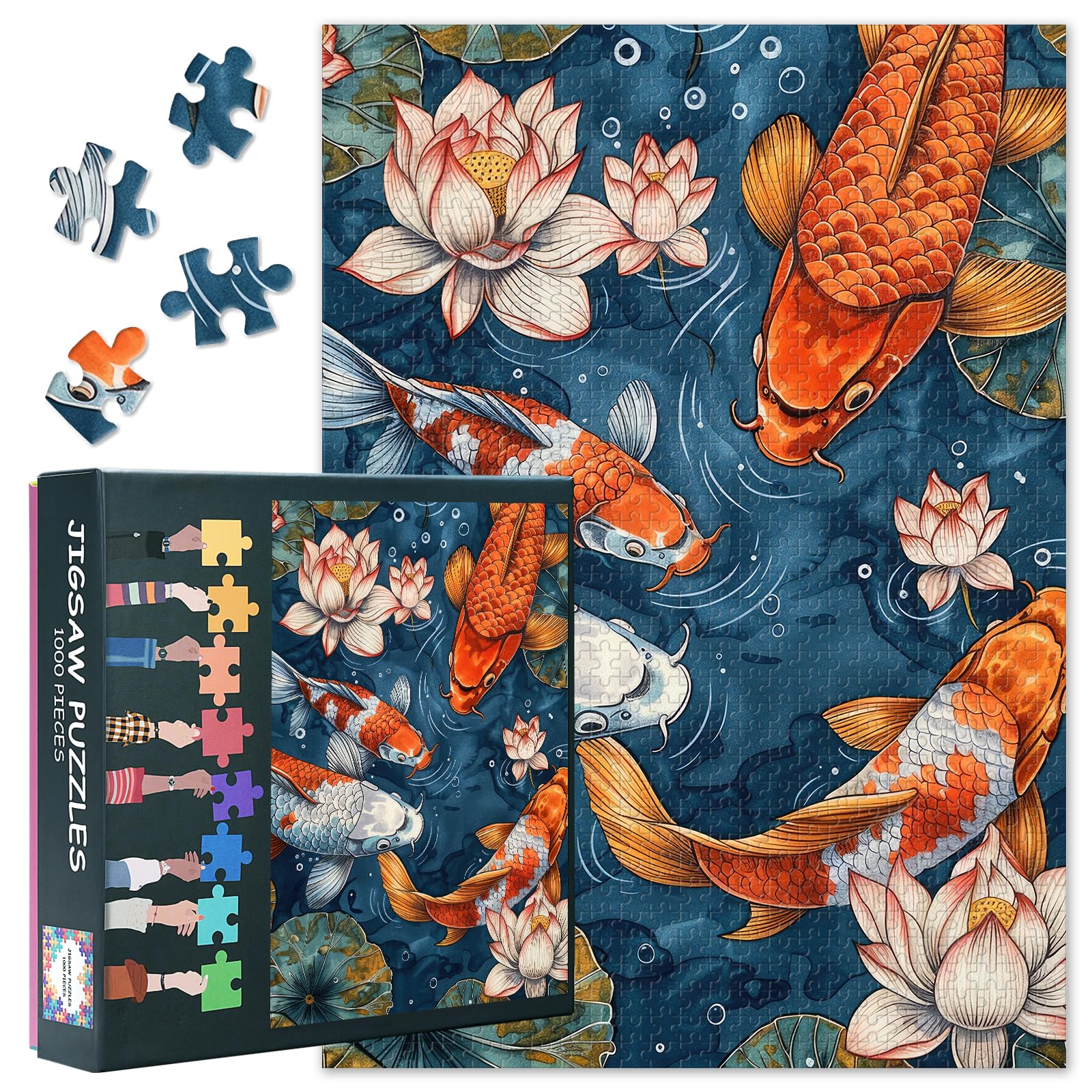 1000 Piece Puzzle for Adults - Colorful Koi Fish & Lotus Pond Jigsaw Puzzles, Serene Water Scene with Lotus Leaves and Flowers, Premium Collectible Puzzle Board, 27.5x19.7 Inches