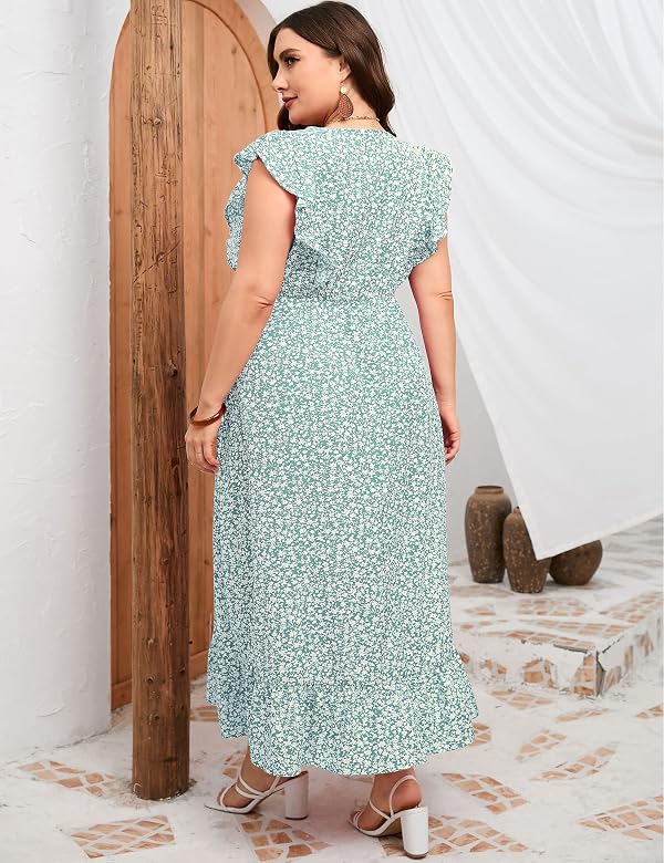 KOJOOIN Women's Plus Size Summer Dress with Pocket Ruffle Cap Sleeveless V Neck Side Split Long Beach Maxi Dress Green White 3XL by KOJOOIN - Used condition - Image 5