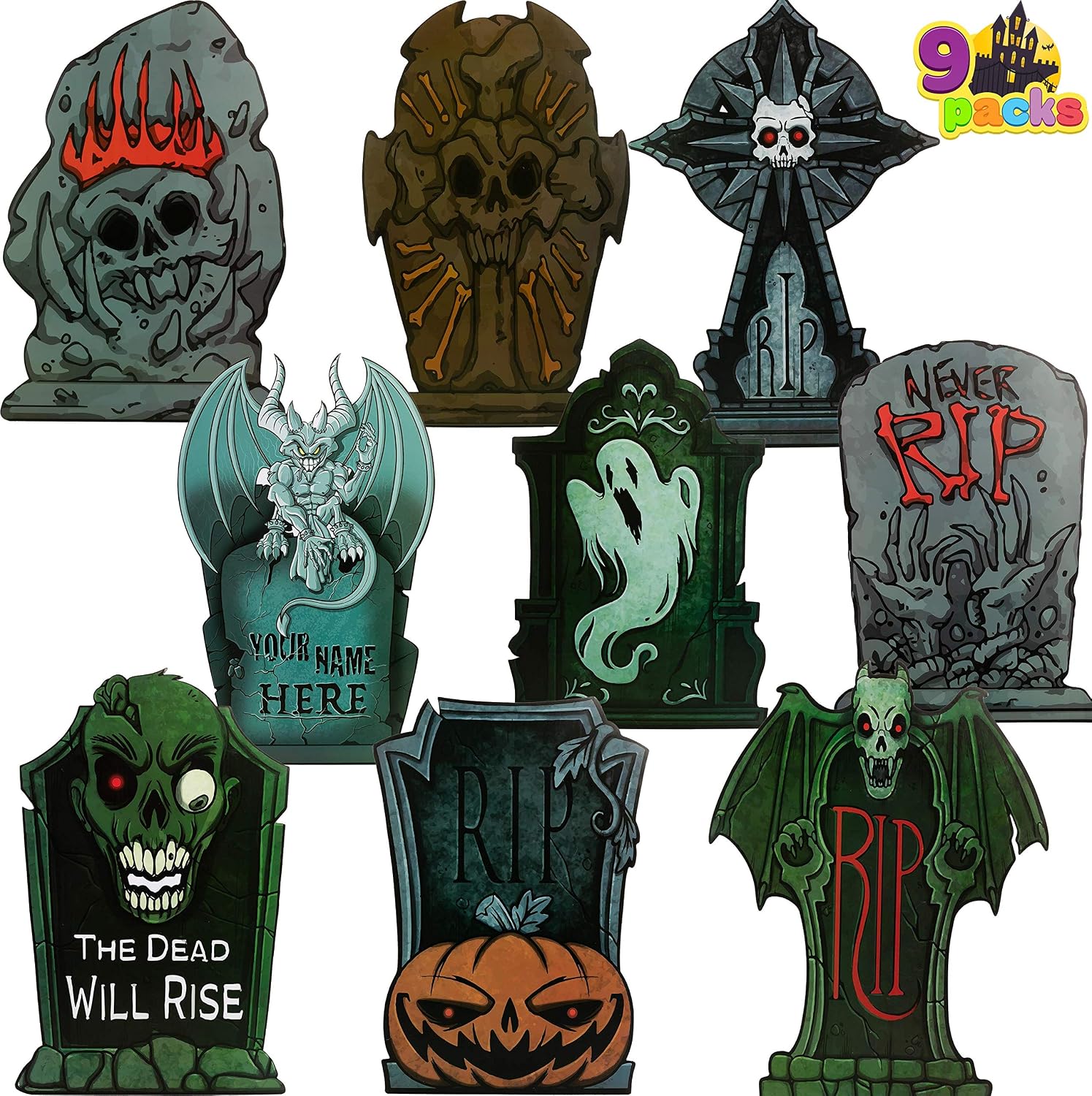 JOYIN Halloween Tombstone Yard Decorations(Pack of 9), 17" Tall Lightweight PVC Yard Signs for Halloween Party, Haunted House, Graveyard and Outdoor Lawn