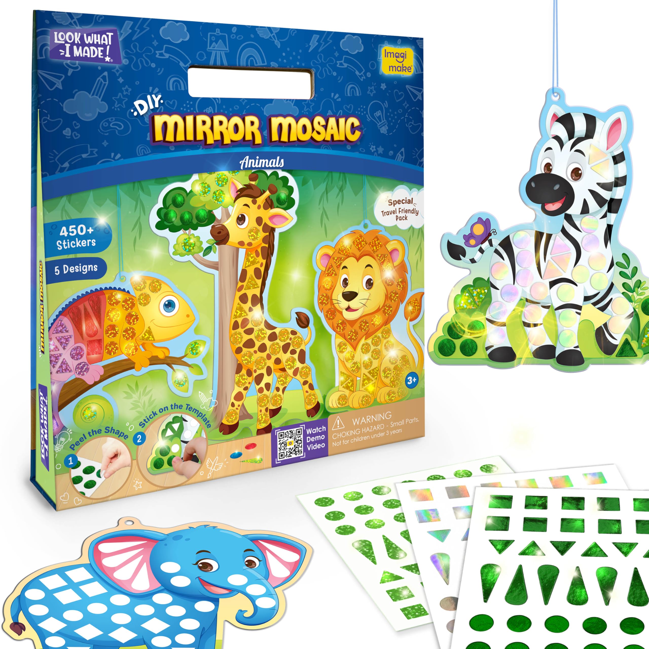 Imagimake Mirror Mosaic - Animals | 5 Templates, 450+ Stickers | DIY Dot Art Set | Craft Kits for Boys Ages 3-5 | Mess Free Kids Travel Activities | 3,4,5,6,7 Year Old Girl Birthday Gift