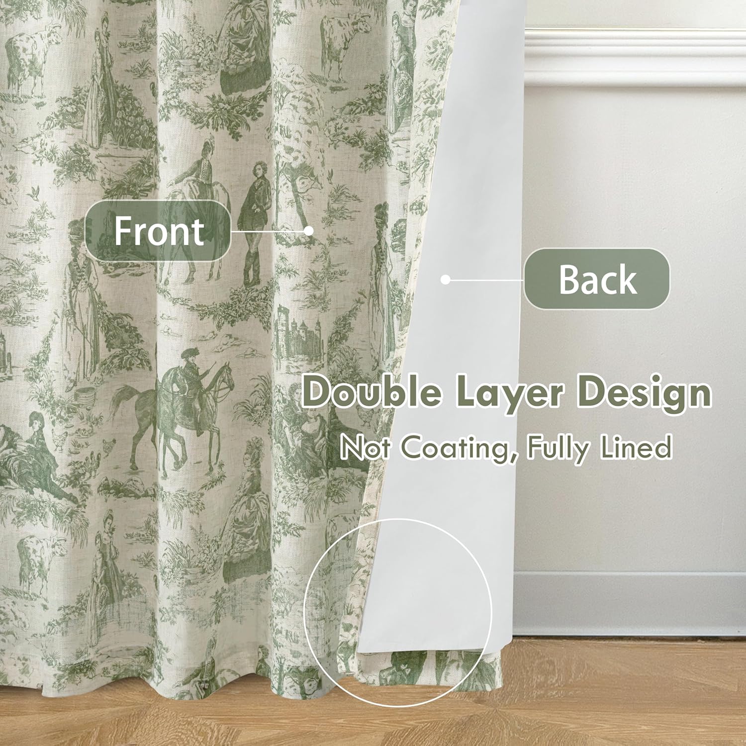 DriftAway 100% Blackout Toile Linen Curtains for Bedroom Double Layer Farmhouse French Country Vintage Printed Pattern Thermal Sound Lined Back Tab Living Room Drapes 72 inch Long 2 Panels Loden Green