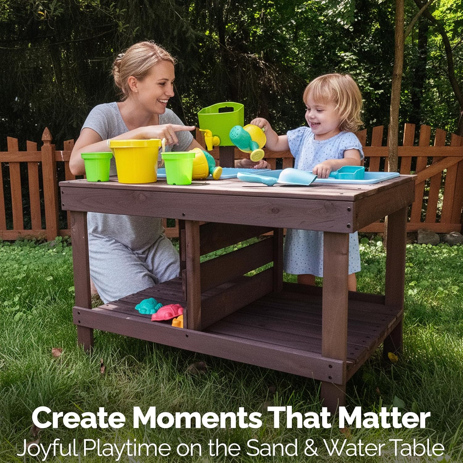 WONKAWOO Sand and Water Table for Toddlers | Outdoor Wooden Sensory Sand Table with 2 Plastic Bins, Built-in Water Tap and Beach Toys Included | Sand & Splash Oasis™ Standing Play Activity Table
