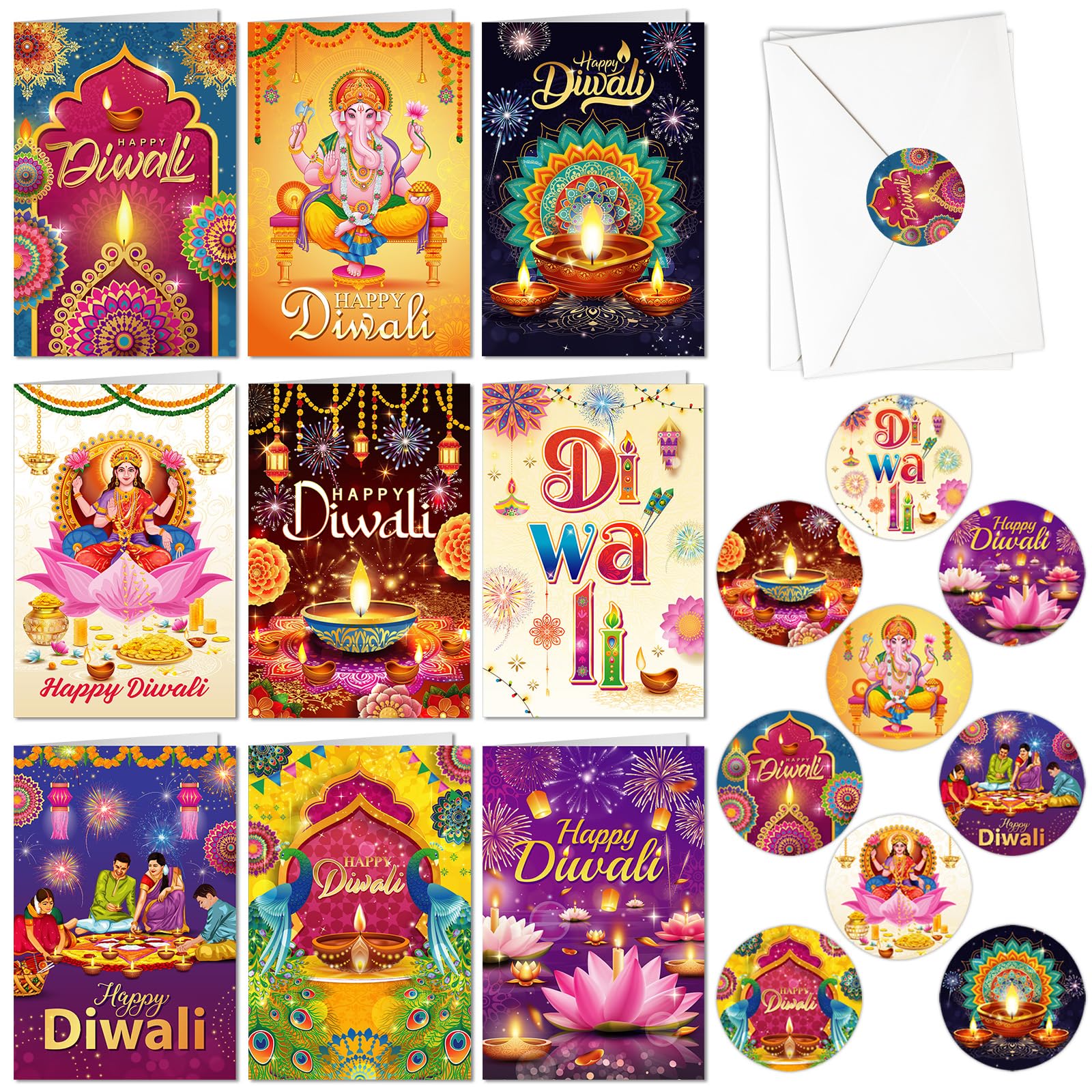 DPKOW 9pcs Diwali Cards with Envelopes Stickers Diwali Gifts for Kids Friends Family, Deepavali Greeting Cards Festival of Lights Party Supplies Deepavali Gift Ideas, Diya Rangoli Peacock Hindu Design — image 1
