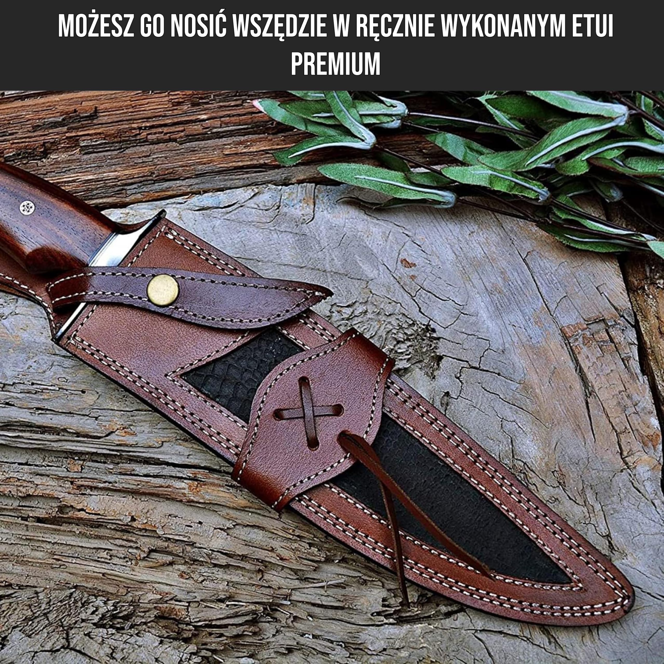 BIGCAT ROAR Ręcznie Wykonywany Nóż Myśliwski z Damasceńskiej Stali – Nóż o Stałym Ostrzu z Pochwą i Rękojeścią z Drewna Orzechowego 15″ – Nóż do Skórowania EDC – Wrzeszczący Orzeł