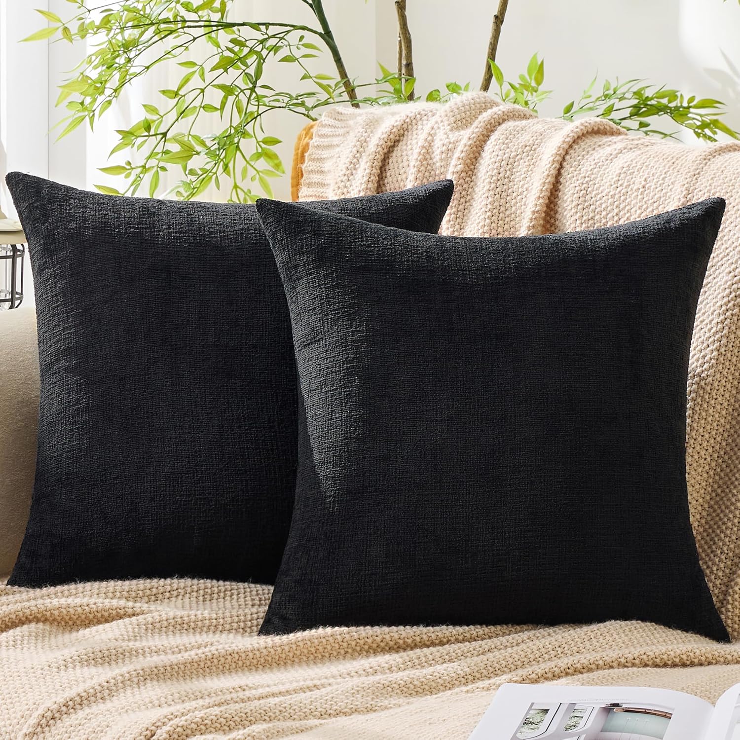 GAWAMAY Set of 2 Soft Textured Chenille Throw Pillow Covers 26x26 Inch (66x66 CM), Decorative Pillowcases Cushion Covers for Farmhouse Home Decor, Couch Living Room Sofa Bedroom Chair, Black