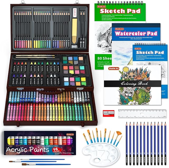 Shuttle Art 186 Piece Deluxe Art Set, Art Supplies in Wooden Case, Painting Drawing Art Kit with Acrylic Paint Pencils Oil Pastels Watercolour Cakes Colouring Book Sketch Pad for Kids and Adults