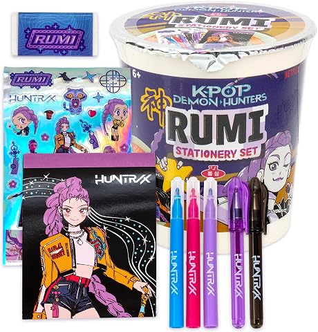 Kpop Demon Hunters Rumi Stationery Set with Mini Notebook, Gel Pens, Markers, Eraser, Bonus Kpop Stickers & Storage
