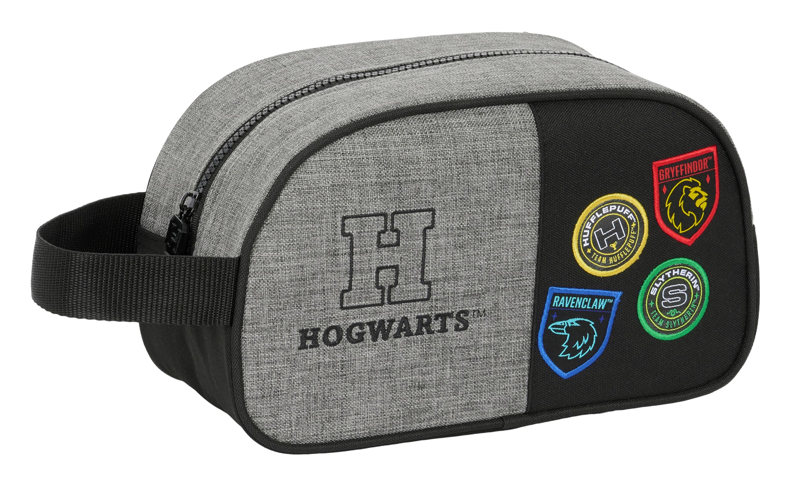 Harry Potter House of Champions - Neceser Escolar Infantil Mediano con Asa, Neceser Infantil, Adaptable a Carro, Fácil Limpieza, Versátil, Calidad y Resistencia, 26x12x15 cm, Color Gris Melange/Negro