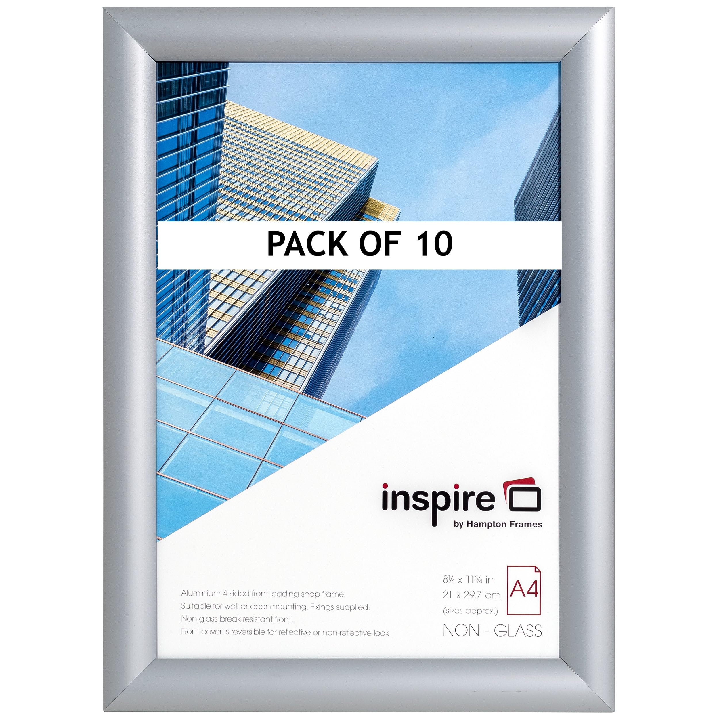 inspire by Hampton Frames | Snap Frame Pack | A4 (21x30cm), Silver, Satin Finish, Aluminium, Acrylic Front, Wall Mount | Easy Poster Change, Lightweight, Pack of 10