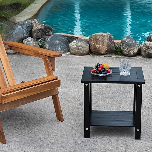 Miniatura 9 de Black Adirondack - Mesa auxiliar para exteriores de madera de acacia resistente a la intemperie con doble almacenamiento, mesa de porche pequeña