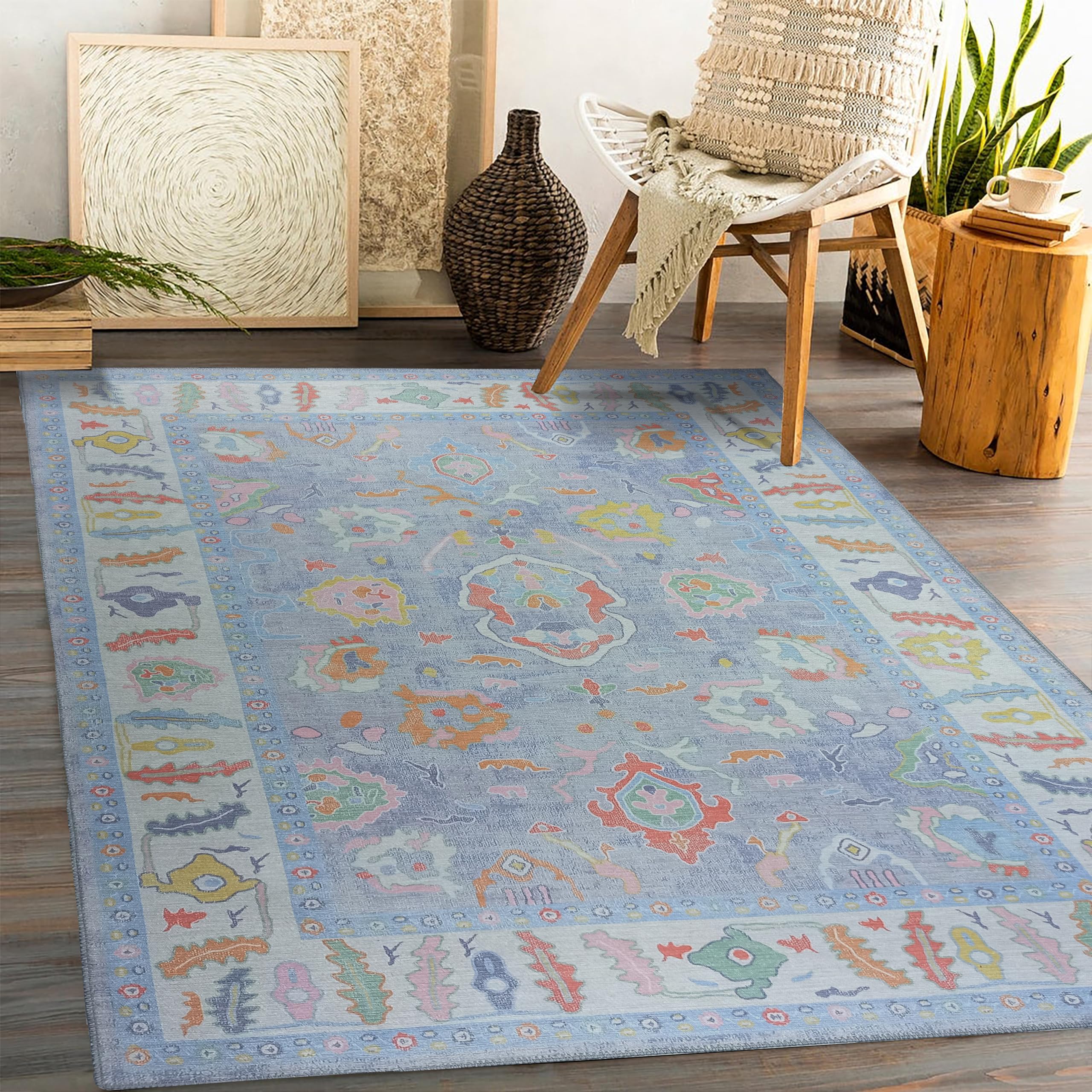 Modern Oushak Rug, Vintage Turkish Light Blue Oriental Antique Inspired Area Rugs, Washable Luxury Living Room Bedroom Bathroom Kitchen 4'9 x 6'9