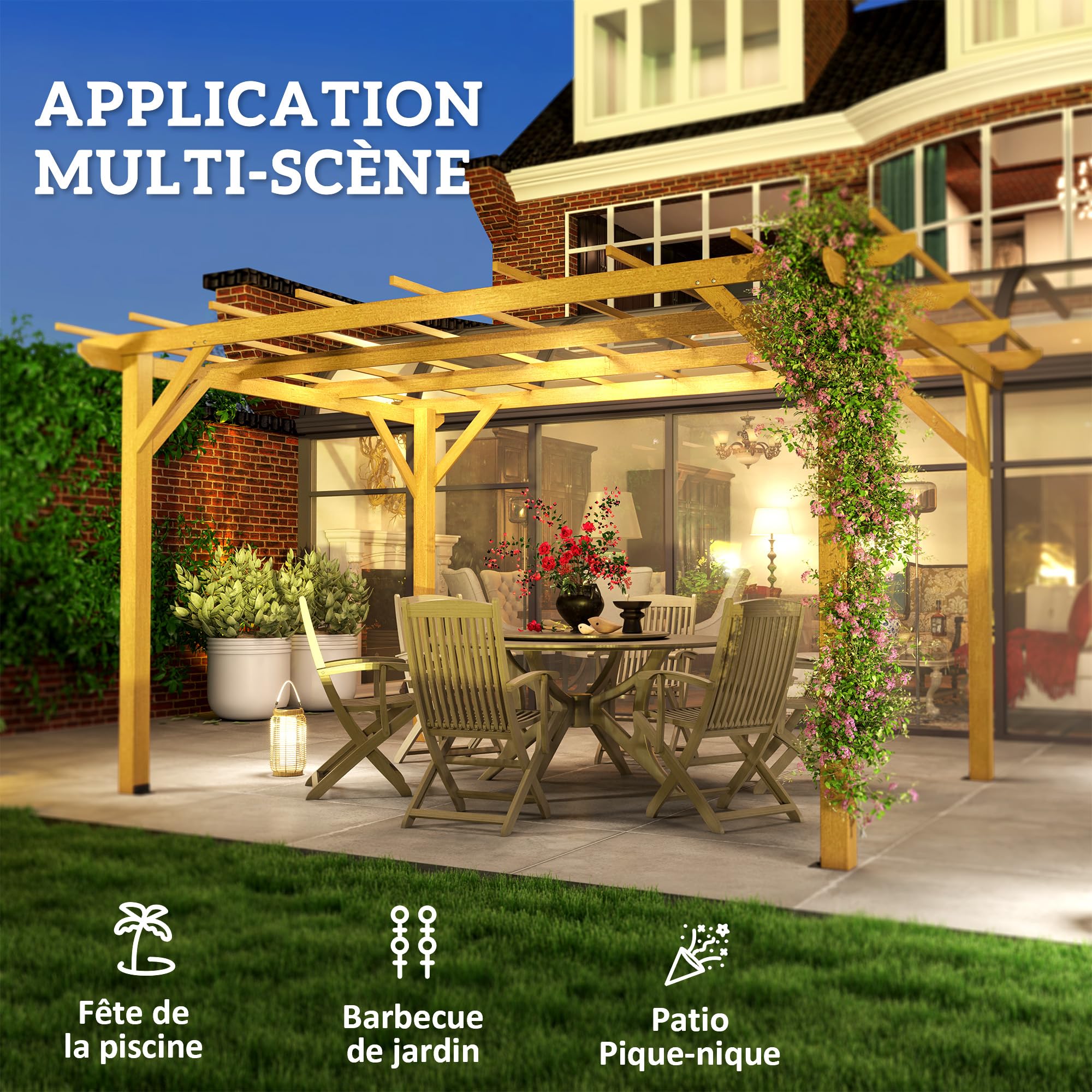 Outsunny Pergola Jardin Exterieur 3 x 4 m Pergola en Bois Naturel