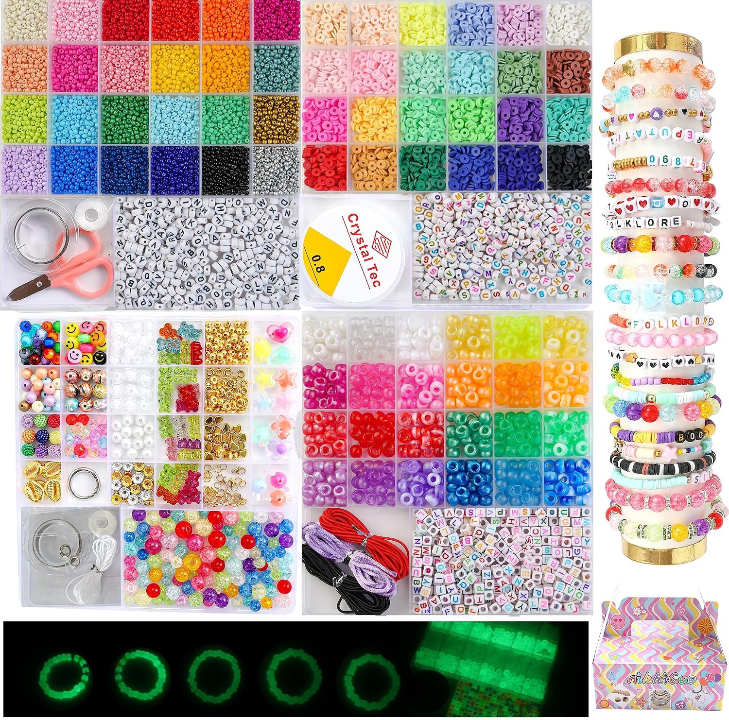 Acrylic Pony Beads Jewelry Making Kit – 96 Colors, UV Color Changing & Glow Alphabet Beads, Heart Bow Crystal String, Tools, Gift Box for DIY Bracelets, Necklaces (Style B)