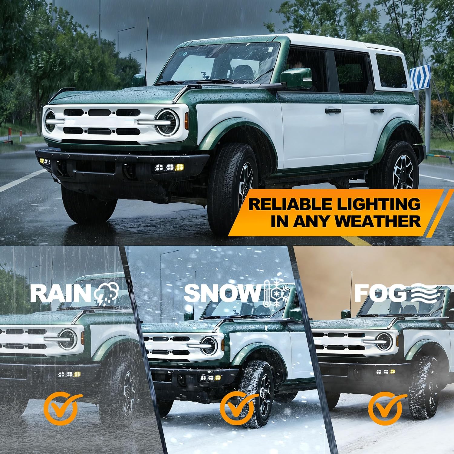 Tri-Zone LED Fog Lights for Ford Bronco 2021-2025 & 2026 Modular Bumper, Dual Color White/Amber DRL & Turn Signal, Works with AUX Switches, Carbon Steel Housing, 2/4-Door (Not for Sport)