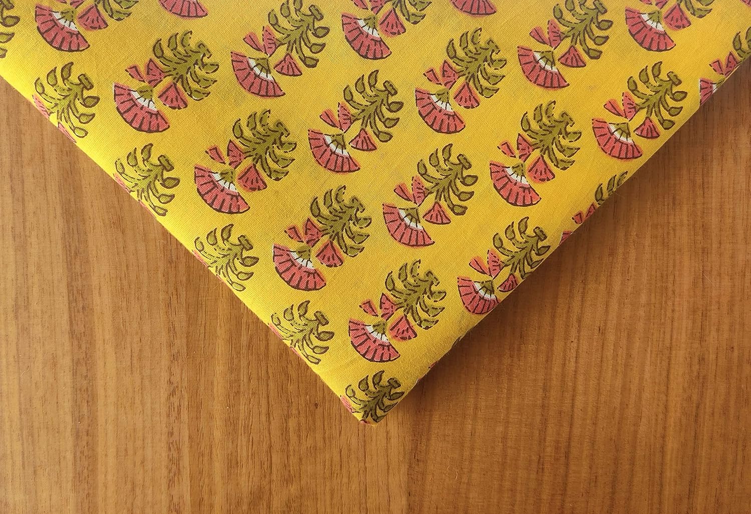 AVKA Studio Hand Block Print Fabric by The Yard - PRECUT 5 Yards 42 Inch Width - 100% Cotton Material - Yellow Floral Pattern - Light Weight Indian Cloth for Making Summer Dress Tops Indian Fabric etc