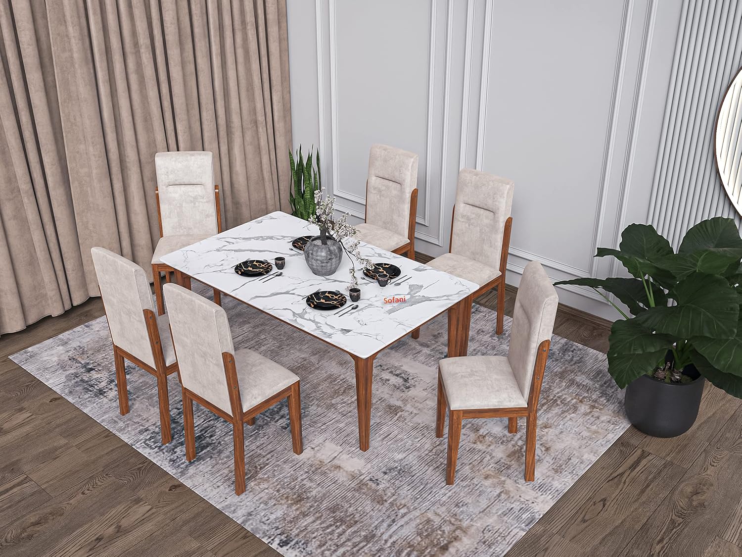 Sofani 6 Seater Crescent Dining Table Set with 6 Chairs | Modern ...