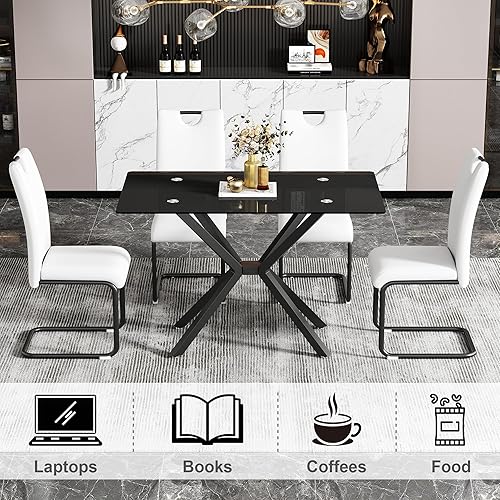 Miniatura 21 de Mesa de comedor de cristal de 51 pulgadas para 4, mesa de comedor rectangular contemporánea con parte superior de vidrio templado y patas de acero