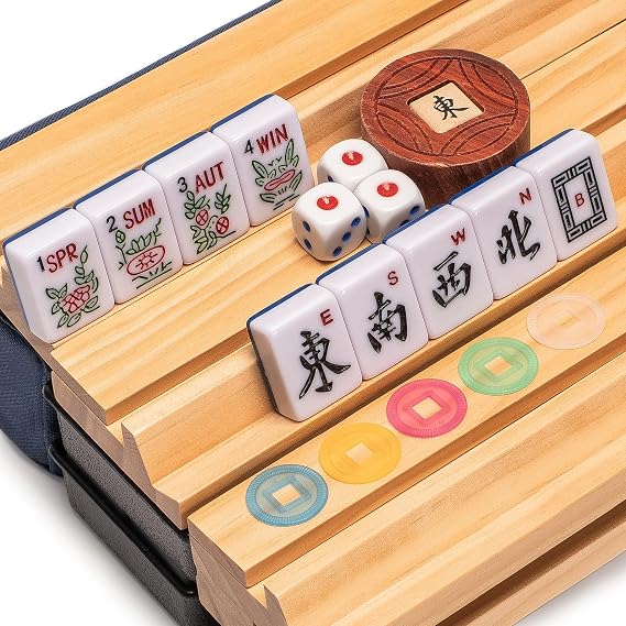 Yellow Mountain Imports American Mahjong Set, Indigo Tides - Blue Soft Case, 4 All-in-One Racks with Pushers, Wright Patterson Scoring Coins, Dice, Wind Indicator