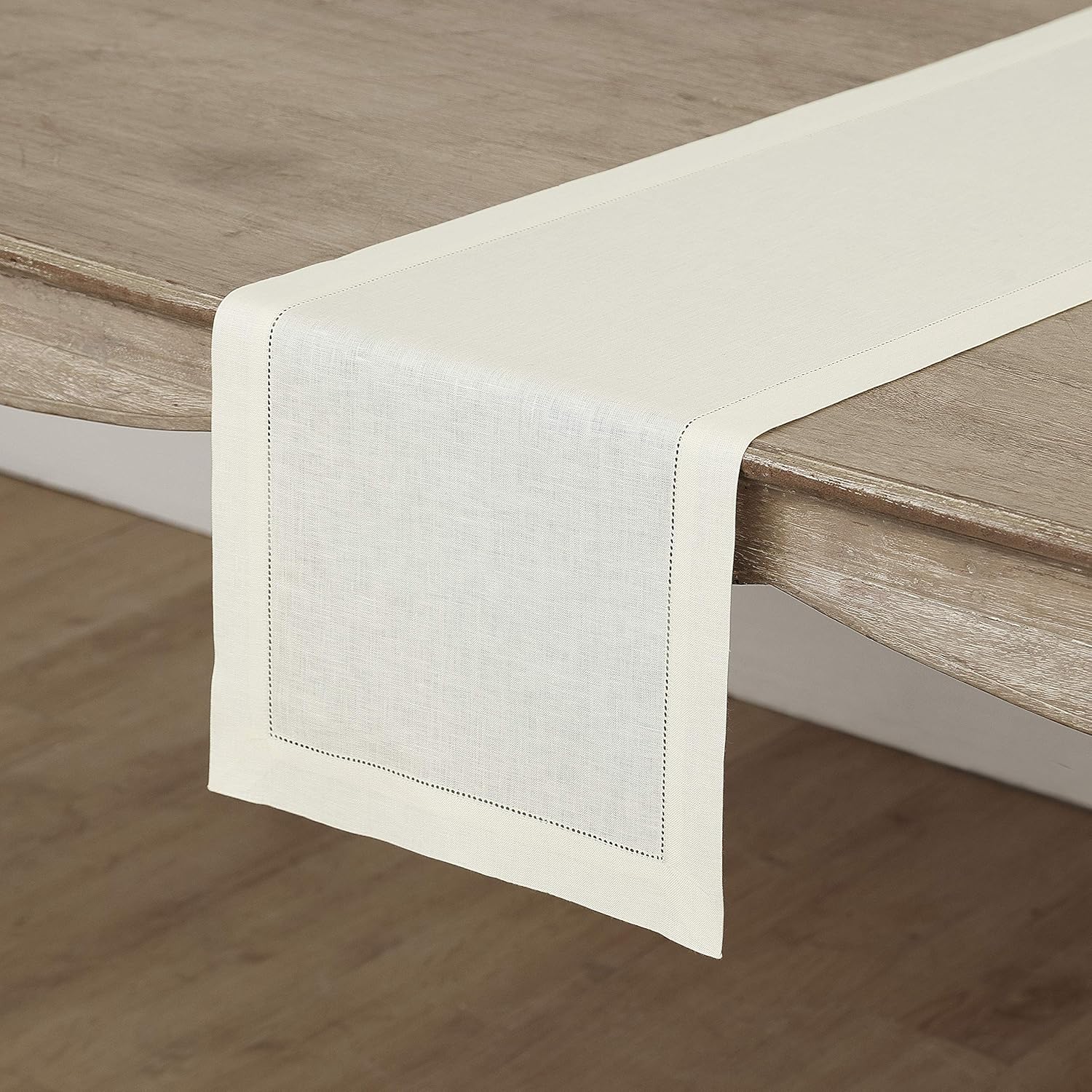 Solino Home Linen Table Runner - Ivory, 14 x 36 Inch, Classic Hemstitch Linen Table Runner for Spring, Easter, Summer - Handcrafted with European Flax - 100% Pure Linen