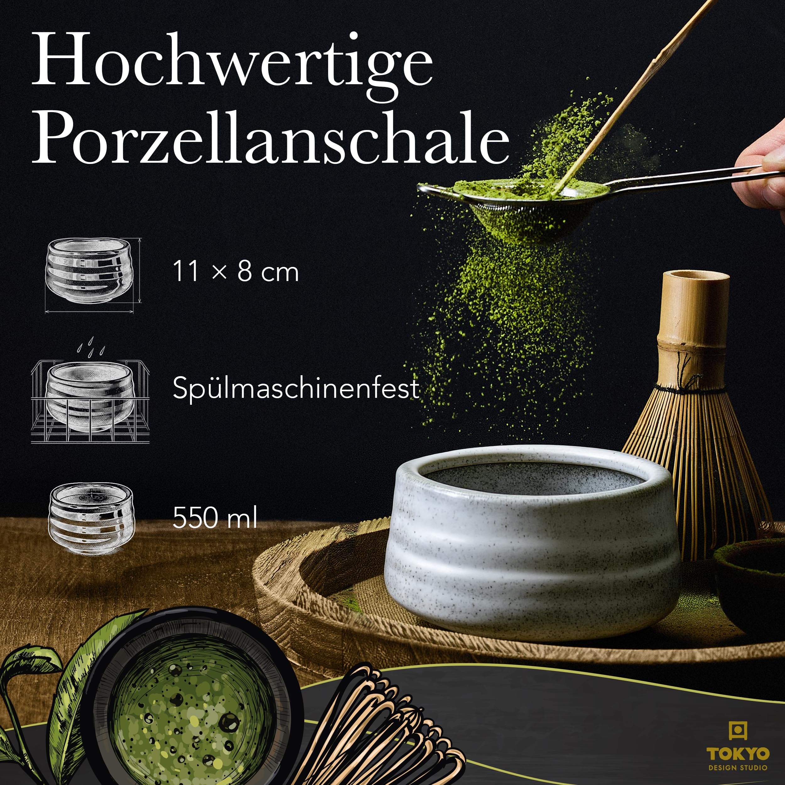 TOKYO design studio – 4-teiliges Matcha Set in hochwertiger Geschenkverpackung - mit Matchaschale, Bambusbesen, Bambuslöffel & Teebesenhalter – Traditionelle Teezeremonie – Edle Keramik in Grau