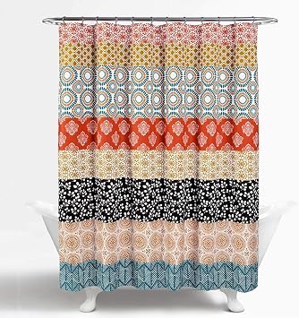 Lush Decor Bohemian Stripe Shower Curtain 72" W x 72" L Turquoise & Orange - Bathroom Curtain - Striped Shower Curtain - Boho Decor - Fabric Shower Curtains