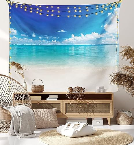 Miniatura 7 de Lunarable Tapiz oceánico, playa de arena costera natural y costa caribeña vista del paraíso celestial, decoración de tela para colgar en la pared