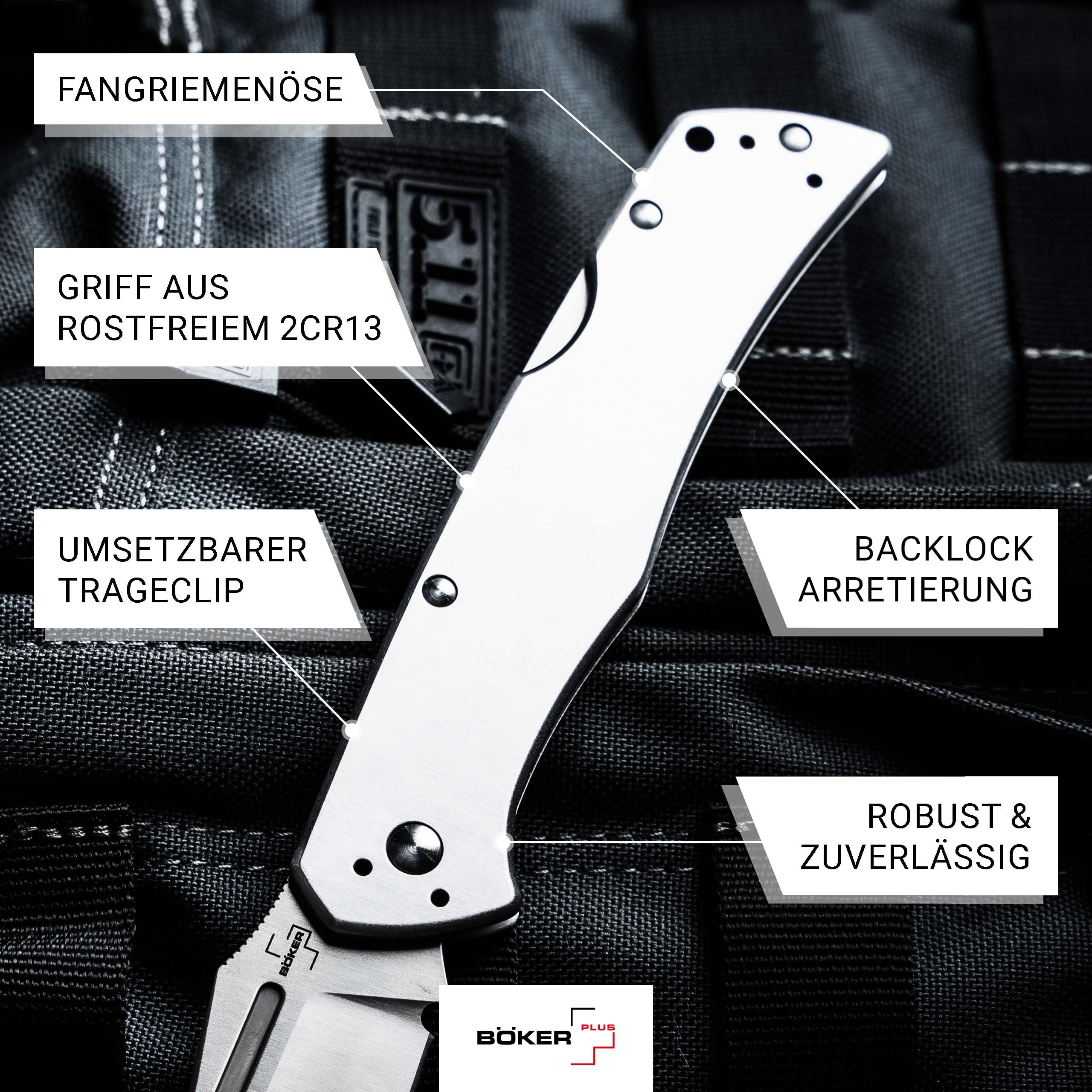 BÖKER PLUS® MEK - modernes Taschenmesser mit Backlock - hochwertiges Klappmesser mit Nagelhau - 42a konformes Zweihand-Messer mit 10,7 cm Nitro-V Droppoint Klinge - 2 Hand Messer mit Clip