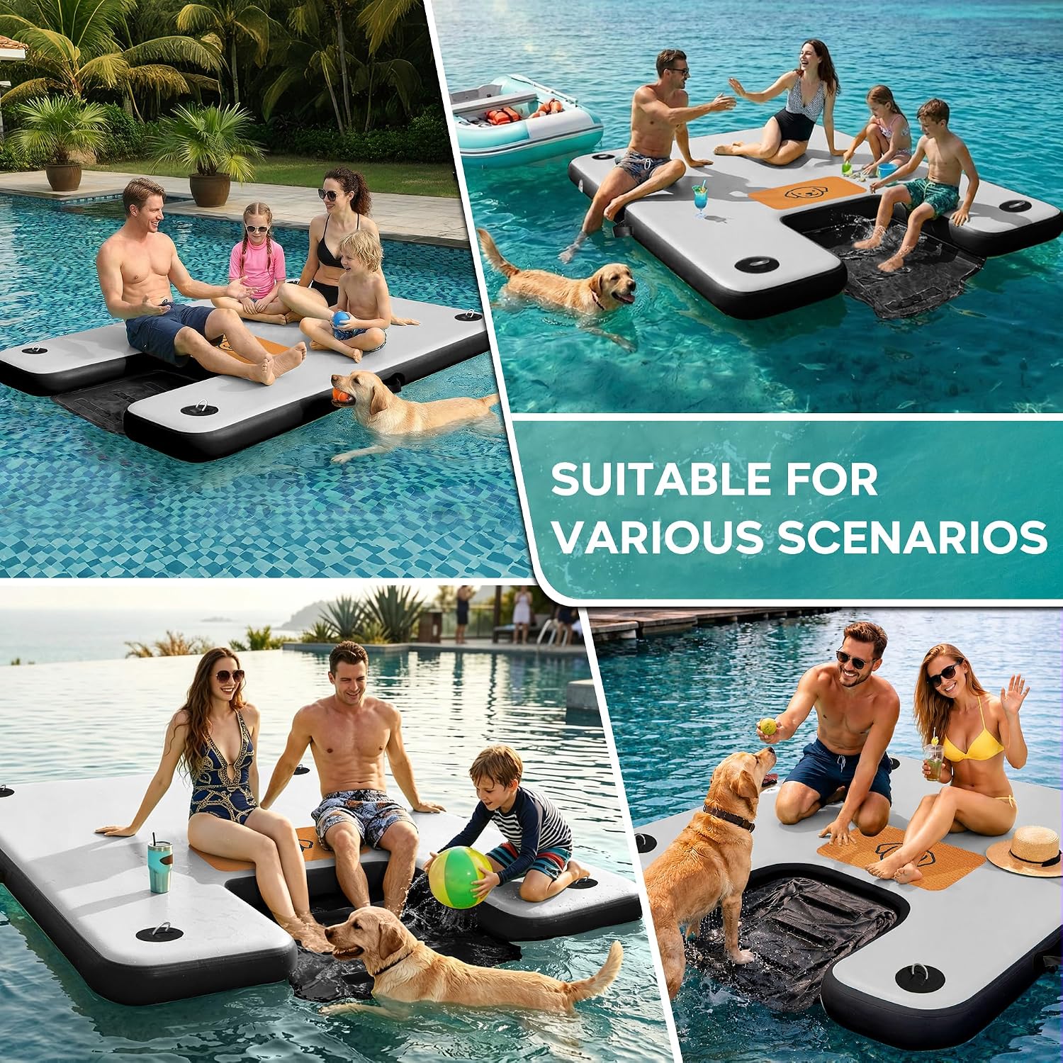 AWEMUFA Inflatable Floating Dock with Ramp 5ft/6ft/8ft/10ft Inflatable Dock Floating Platform, Floating Island Mat Boat Float Lake Floats, Large Rafts Floaties for Adult Pool Ocean Beach Boat Parties