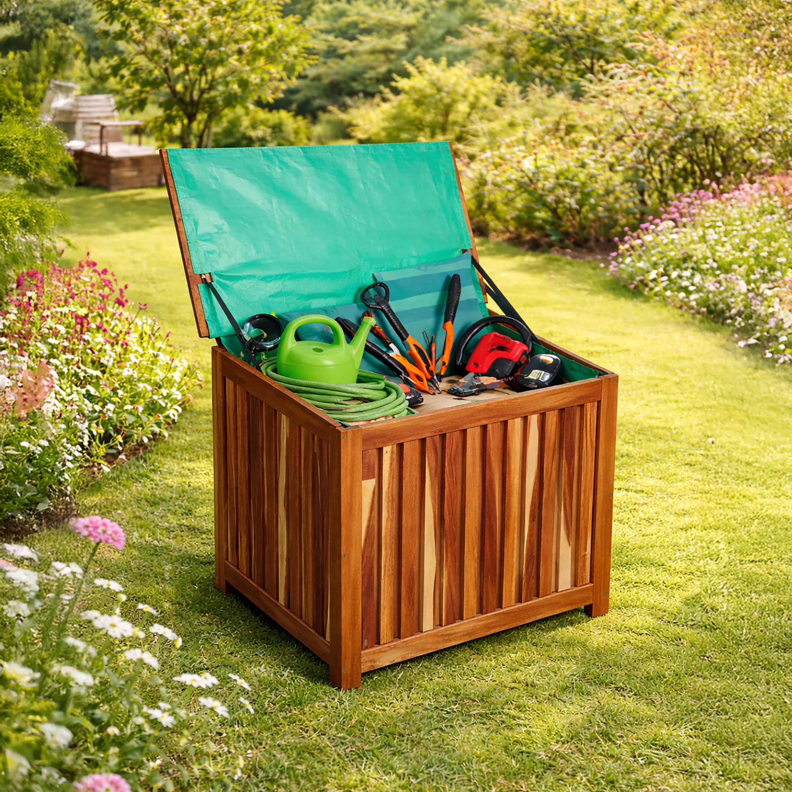 Relaxdays Cassapanca da giardino 60x60x50 cm in legno di acacia, naturale | con fodera impermeabile, cuscini e attrezzi