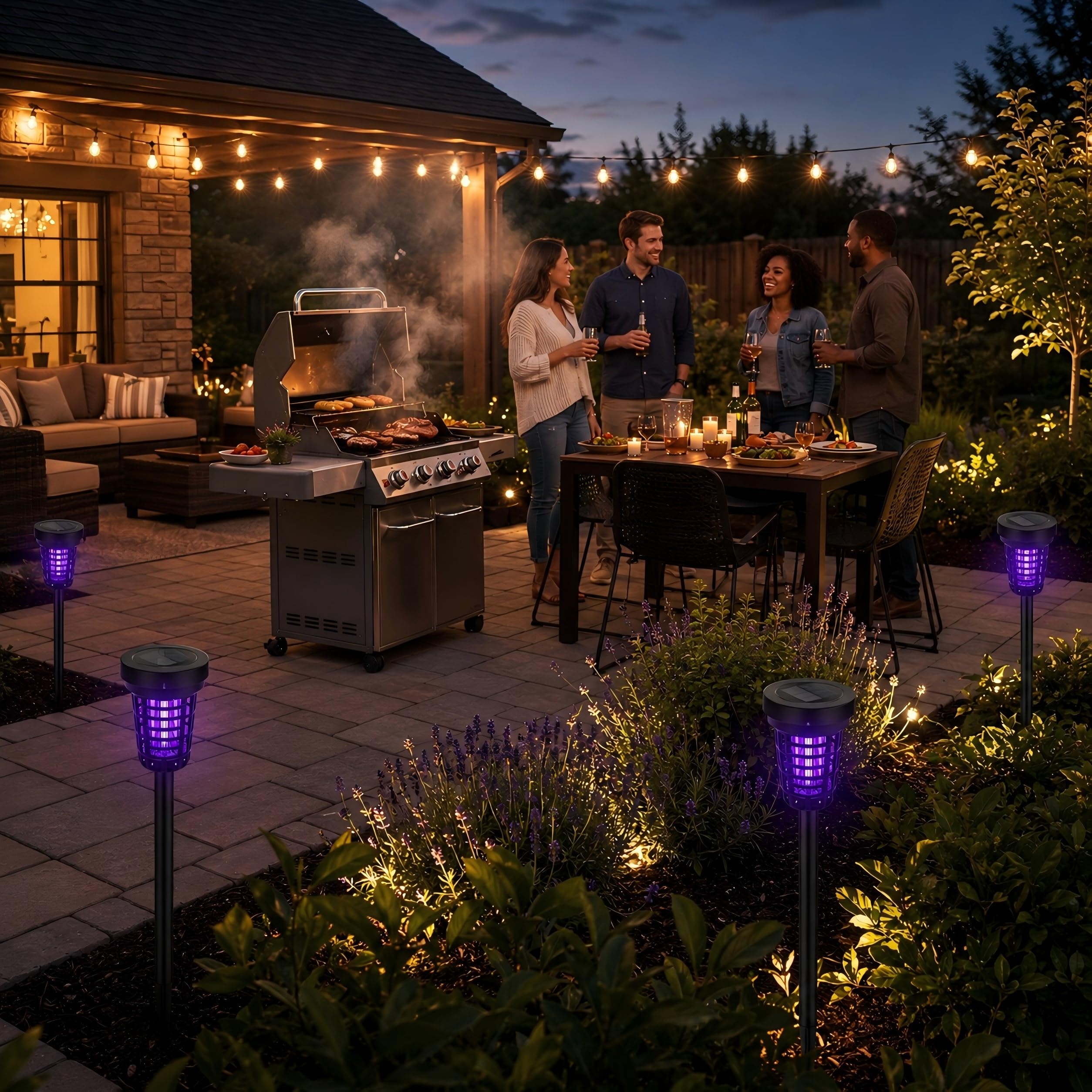 Paquete de 4 matamoscas solares impermeables al aire libre, repelente de mosquitos para patio trasero, granja, jardín, matamoscas con energía solar para pequeños insectos voladores, mosquitos, moscas