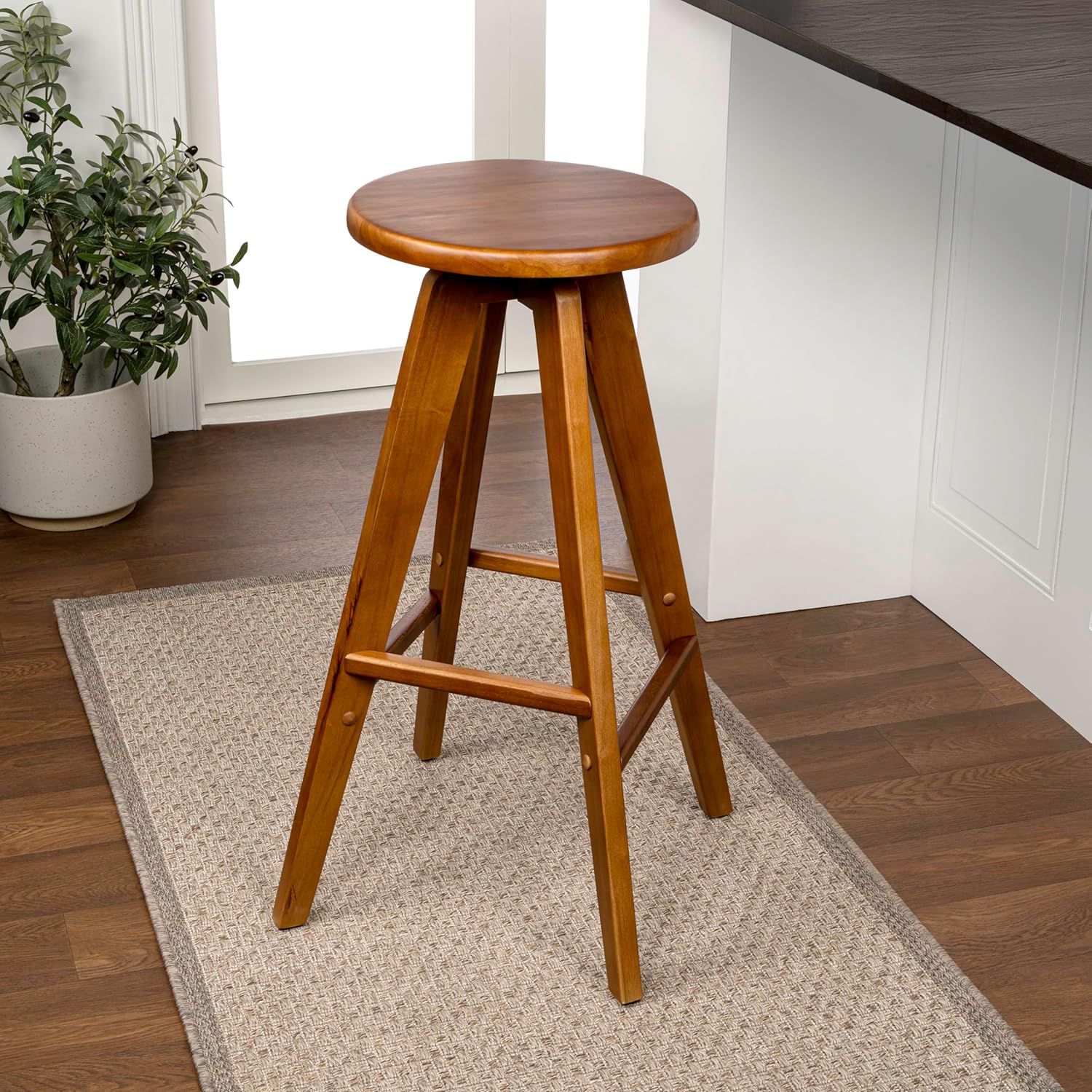 JONATHAN Y Ceren 30.5" Walnut Brown Solid Rubber Wood Backless Bar Stool, Modern Round Seat Wood Barstool with Integrated Footrest for Kitchen Island and Home Bar BSL2001B