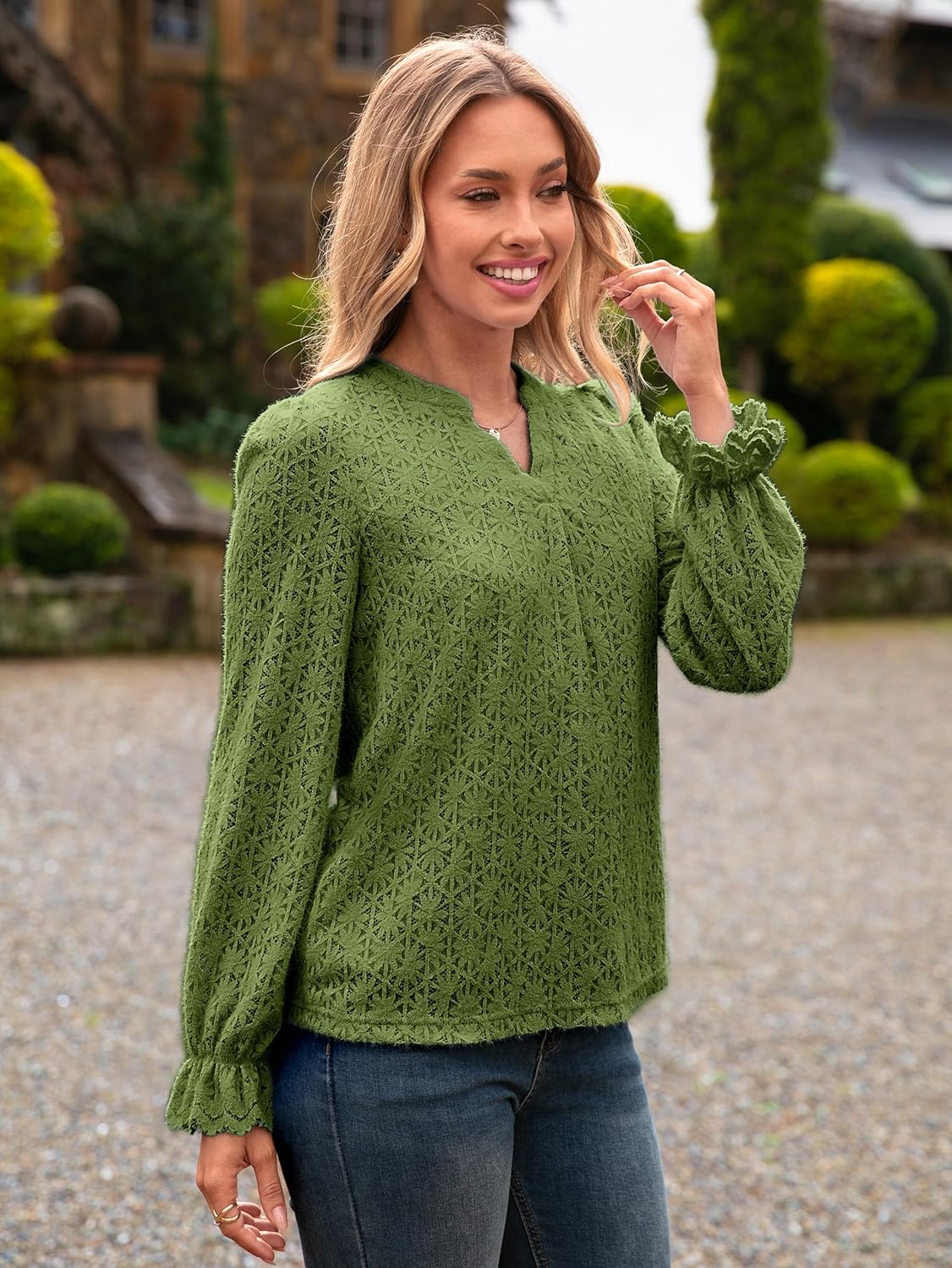 Simplee Womens Eyelet Dressy Blouses Tops Lace Casual Long Sleeve Hollow Out V Neck Fall Spring Boho Shirts - Image 2