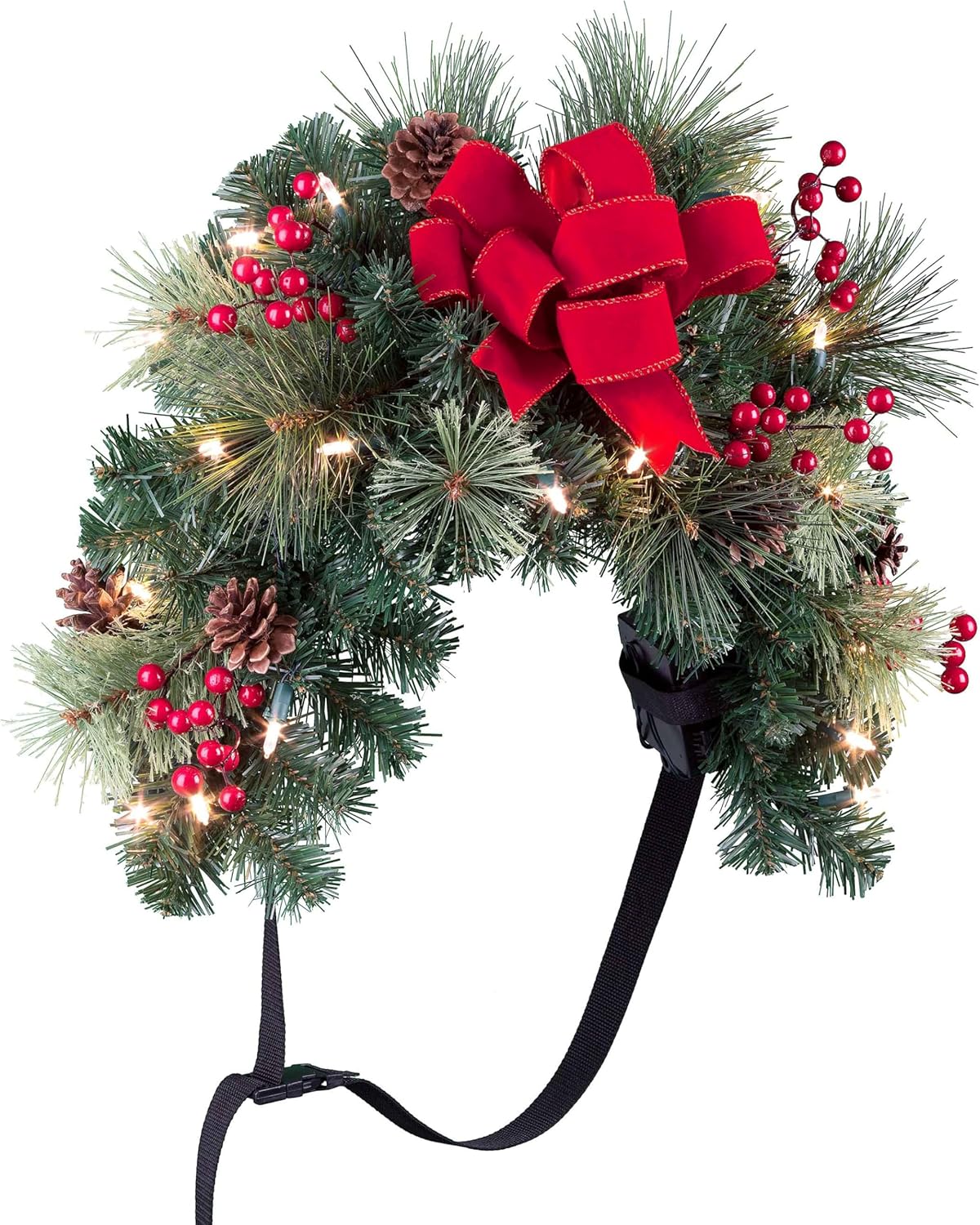Haute Decor Classic 30-inch Pre-lit Christmas Mailbox Swag with Red Bow, 20 LED Warm White Lights, Outdoor Lighted Mailbox Holiday Decoration