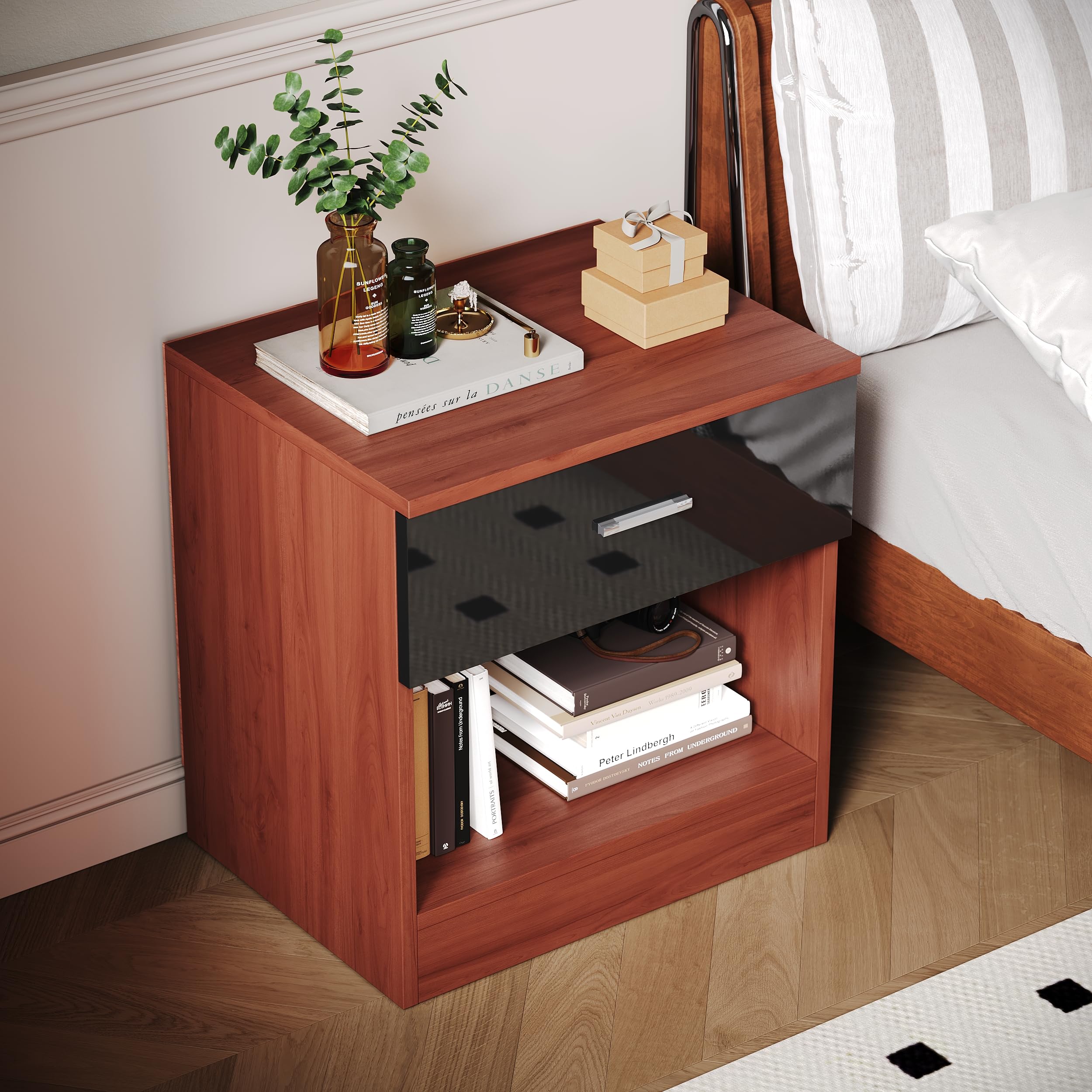 ELEGANT Modern High Gloss Bedside Cabinet Night Stand Storage Shelf with Bin Drawer, for Bedroom or Home Storage Organizer, Black/Walnut
