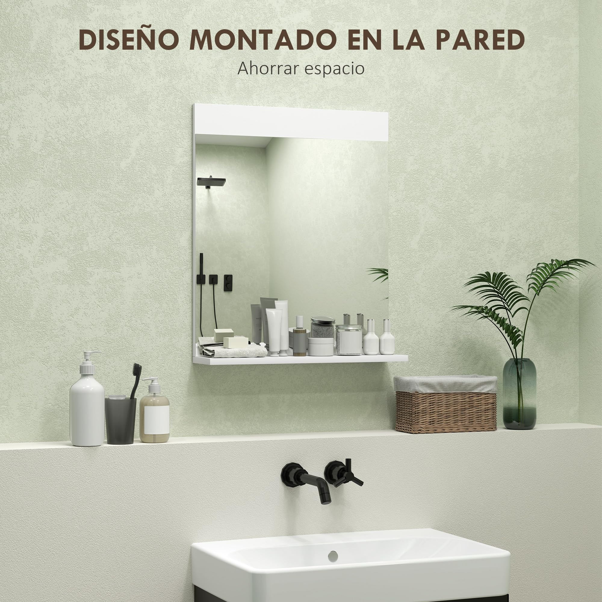 HOMCOM Espejo de Baño con Estante Abierto 50x12x60 cm Blanco | Espejo de Pared, para Entrada Pasillo