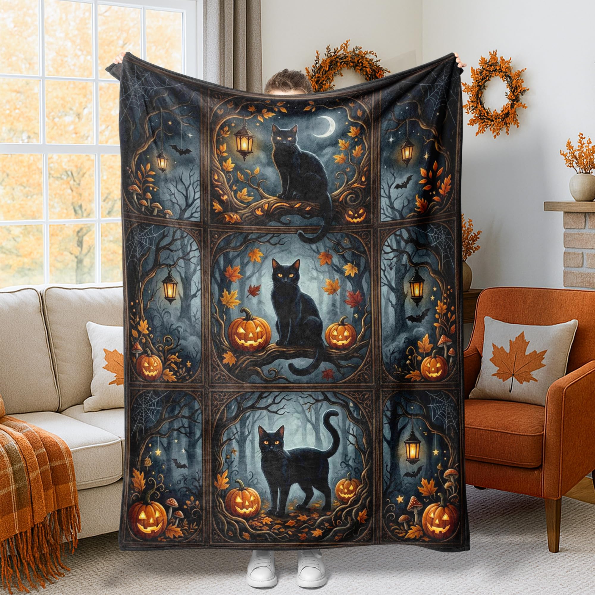 Manta de Halloween mullida compacta 60x80 pulgadas cobija decorativa calabazas gato