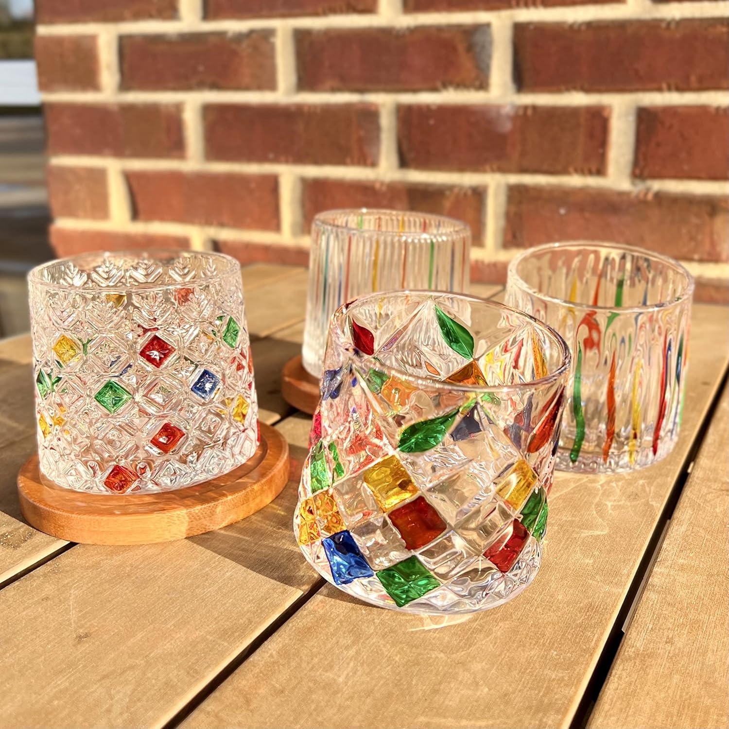 Hand Painted Old Fashioned Stemless Wine Glasses with Unique Coaster （C）