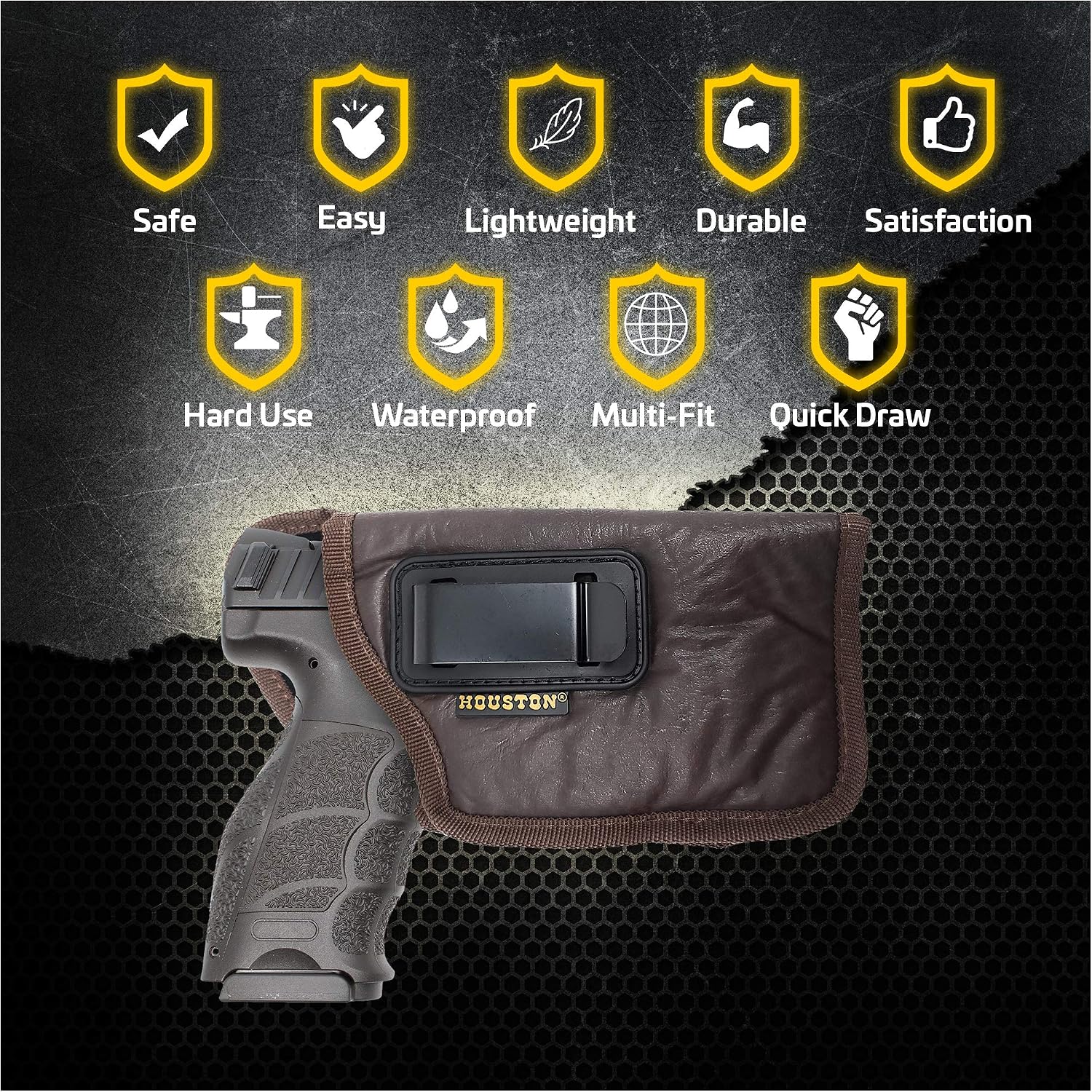 Brown Inside Waistband Gun Holster for Men/Women for Most Full Sizes, Like XDM, Glk 17/19/21, 92 FS (with Laser). Eco Leather Concealed Handgun Holster 9mm by Houston Gun Holsters