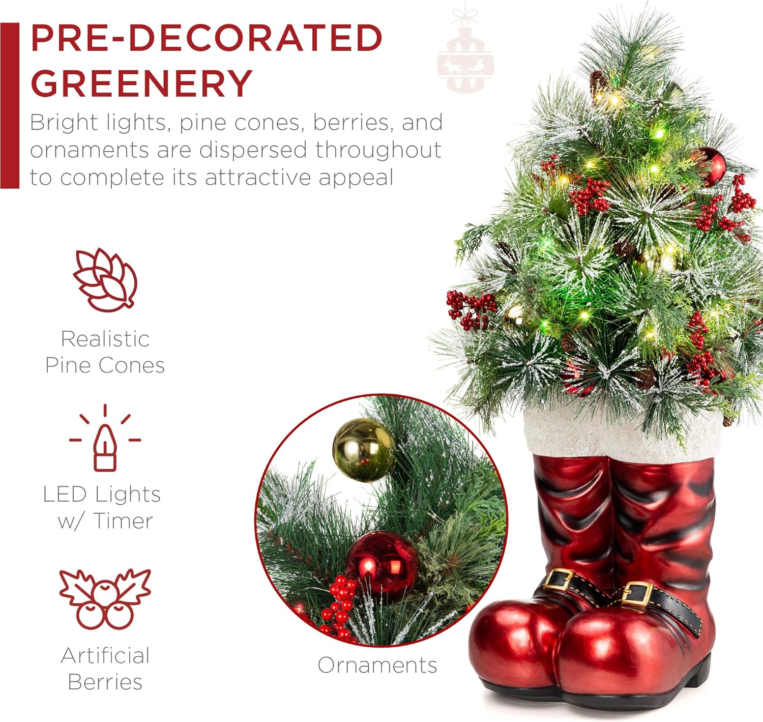 Best Choice Products 40in Santa Boots with Pre-Decorated Christmas Tree Greenery, Decoration for Home & Office, Hand-Painted Frosted Tips, Battery-Operated Lights