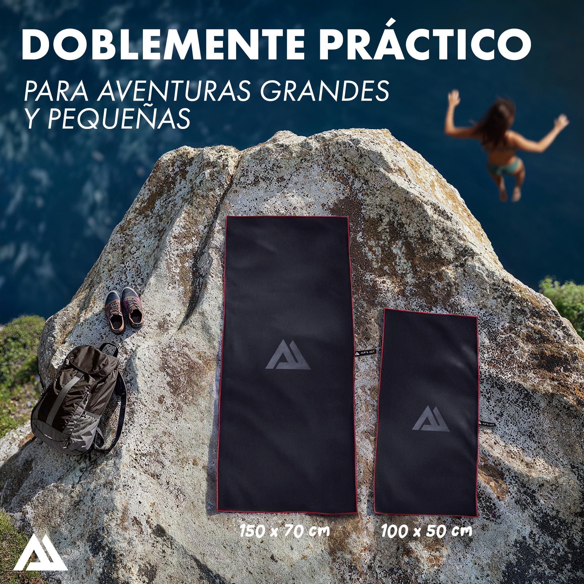 ALP & ACT Toallas de Microfibra Set de 2-100% recicladas - Extra COMPACTAS y ultraligeras - 150x70 cm + 100x50 cm - Toalla de Viaje, de Playa y para Deporte - Paños Incluye Bolsa - Negro