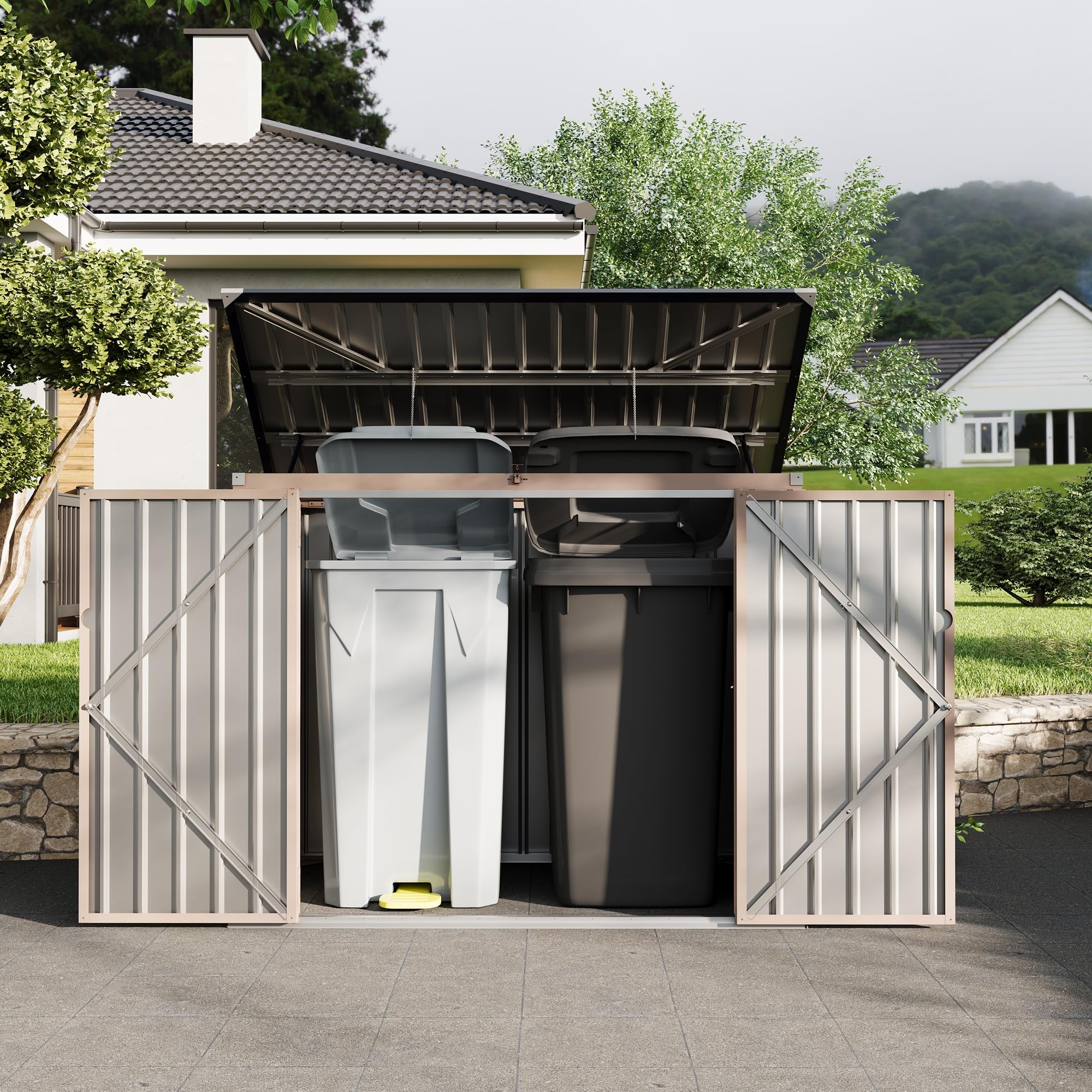 Coffre De Rangement Extérieur en Métal-2 Portes-Le Haut Peut s'ouvrir | Étanche Et Anti-Rouille, Couvercle à Chaîne Sécurisé, Idéal Pour Jardin, Terrasse Et Patio