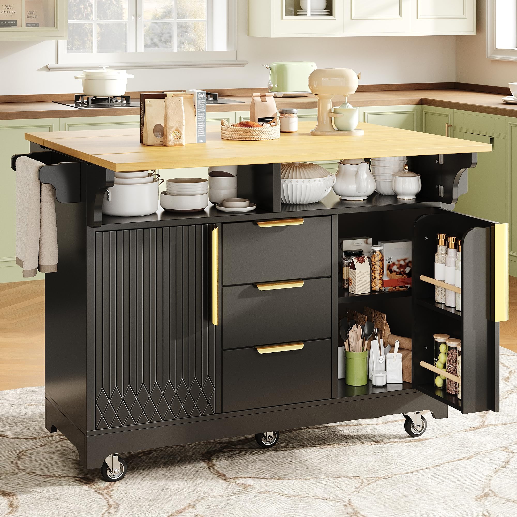 Isola da cucina multifunzionale con estensione tavolo da pranzo, ante con motivo verticale, vano portaoggetti con cassetti, piano pieghevole su entrambi i lati, credenza da cucina su ruote
