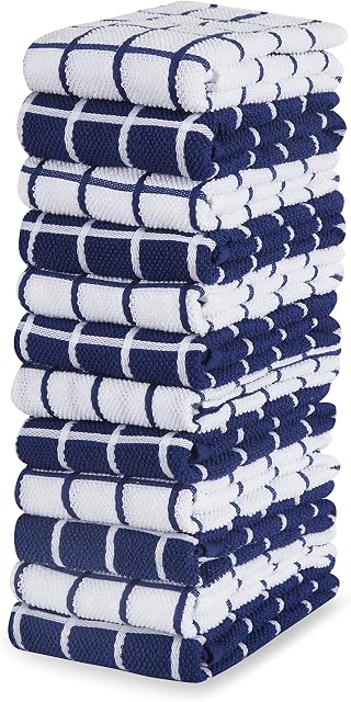 Amazon Brand  Eono 100% Cotton Terry Tea Towels - Absorbent Restaurant Bar Glass Kitchen Cloths - 40 x 64 cm - Pack of 12 - Blue