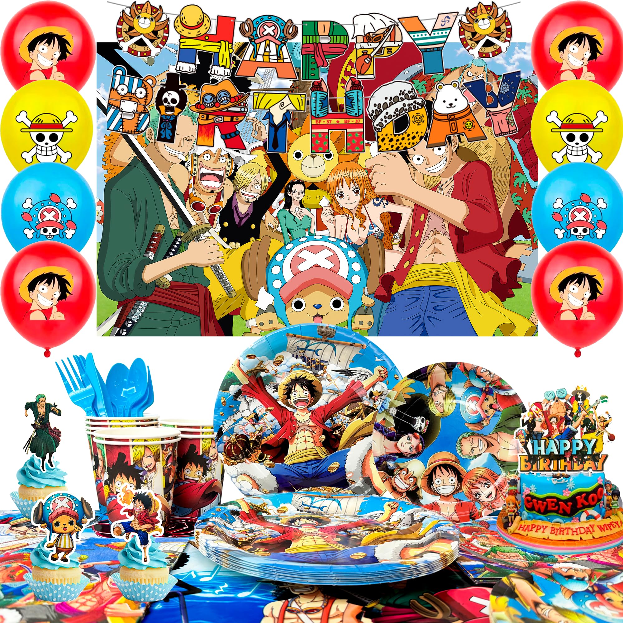 Anime Birthday Decorations for Kids,112pcs Anime Party Decorations & Anime Themed Party Tableware Set - Anime Birthday Banner Balloons Banner Plates Napkins etc Anime Birthday Party Supplies