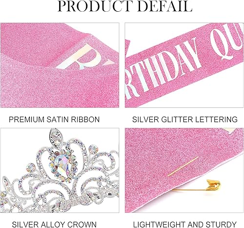 Miniatura 5 de Kit de banda y tiara de cristal de "Birthday Queen", tiara plateada y coronas para mujer, banda para niñas, juego de decoración de cumpleaños rosa,