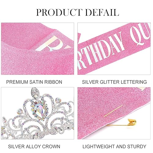 Miniatura 5 de Kit de banda y tiara de cristal de "Birthday Queen", tiara plateada y coronas para mujer, banda para niñas, juego de decoración de cumpleaños rosa,