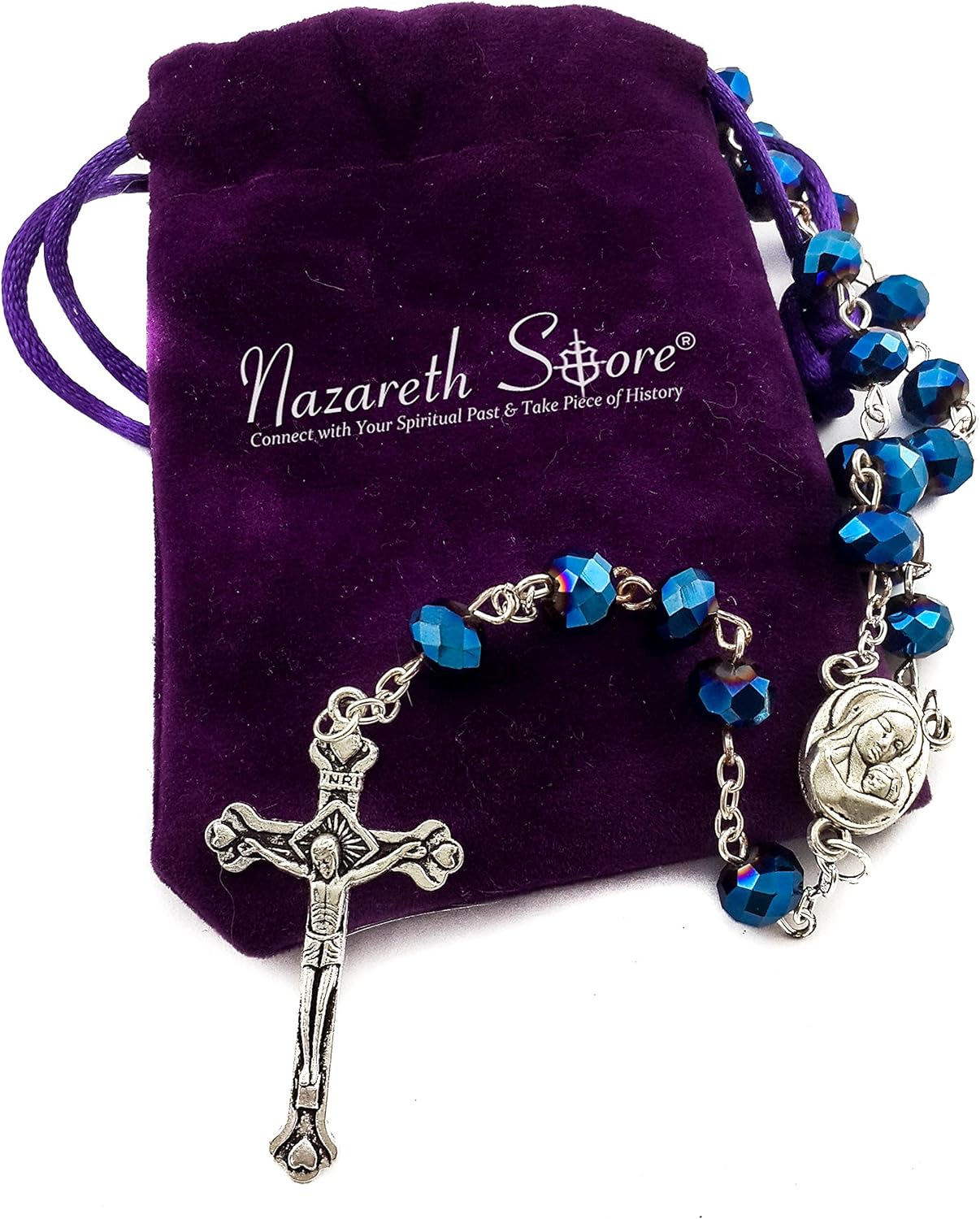 Nazareth Store Deep Blue Crystal Beads Rosary Catholic Necklace Holy Soil Medal Cross Crucifix Velvet Bag - Image 7
