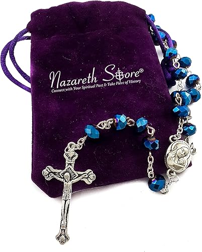 Miniatura 7 de Nazareth Store Rosario de cuentas de cristal azul profundo collar católico medalla de tierra sagrada crucifijo bolsa de terciopelo
