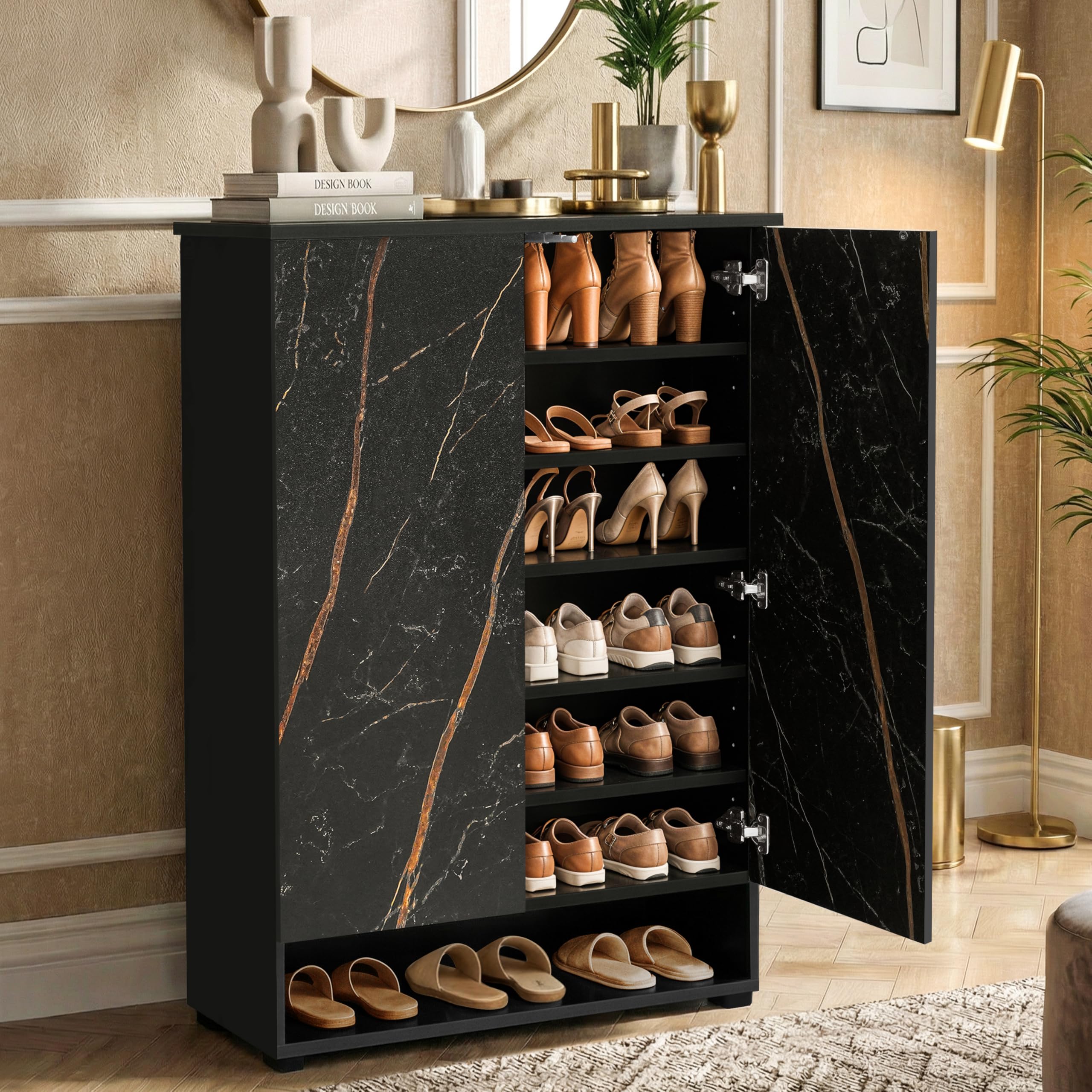 ABOUT SPACE Shoe Cabinet - 7 Tier Shoe Rack with Door & Open Bottom Storage|Press Open 2 Door Engineered Wood Shoes Stand for Home | Adjustable Shelf Raised Legs 21-25 Pair | Black & Black Marble-image-48