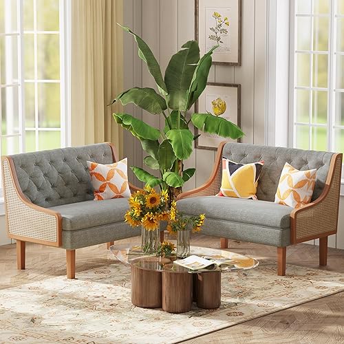 Miniatura 6 de Andeworld Banco de sofá biplaza con brazos de ratán natural, mini sofá tapizado moderno, banco de comedor de banqueta, asiento de amor para sala de